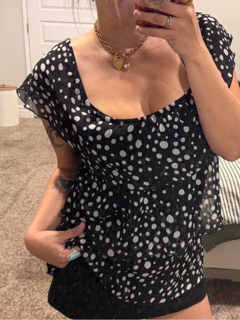 Vintage Y2K Spense Black and White Polka Dot Flutter Sleeve Blouse